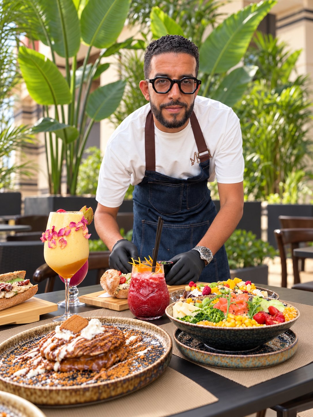 Le chef en tablier devant une table garnie de plats et de boissons