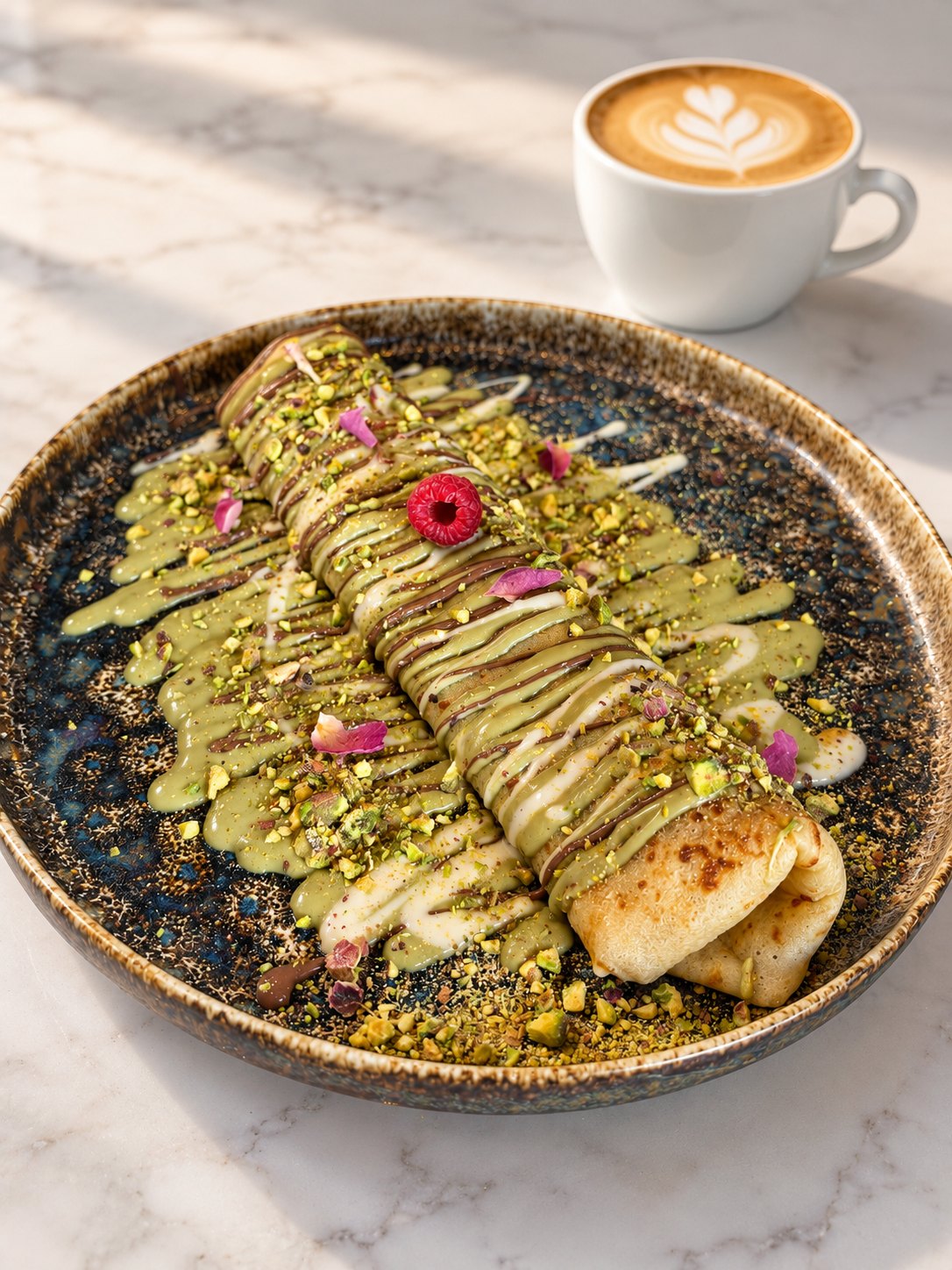 Un café crème et une crêpe pistache