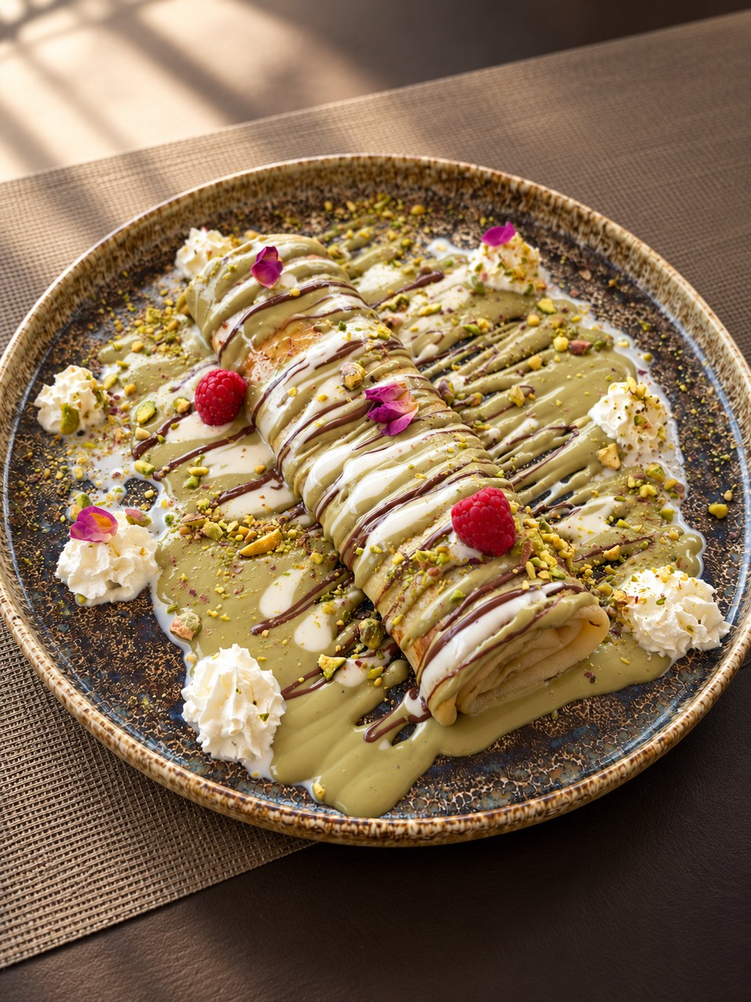 Crêpe pistache et bowls sur la table