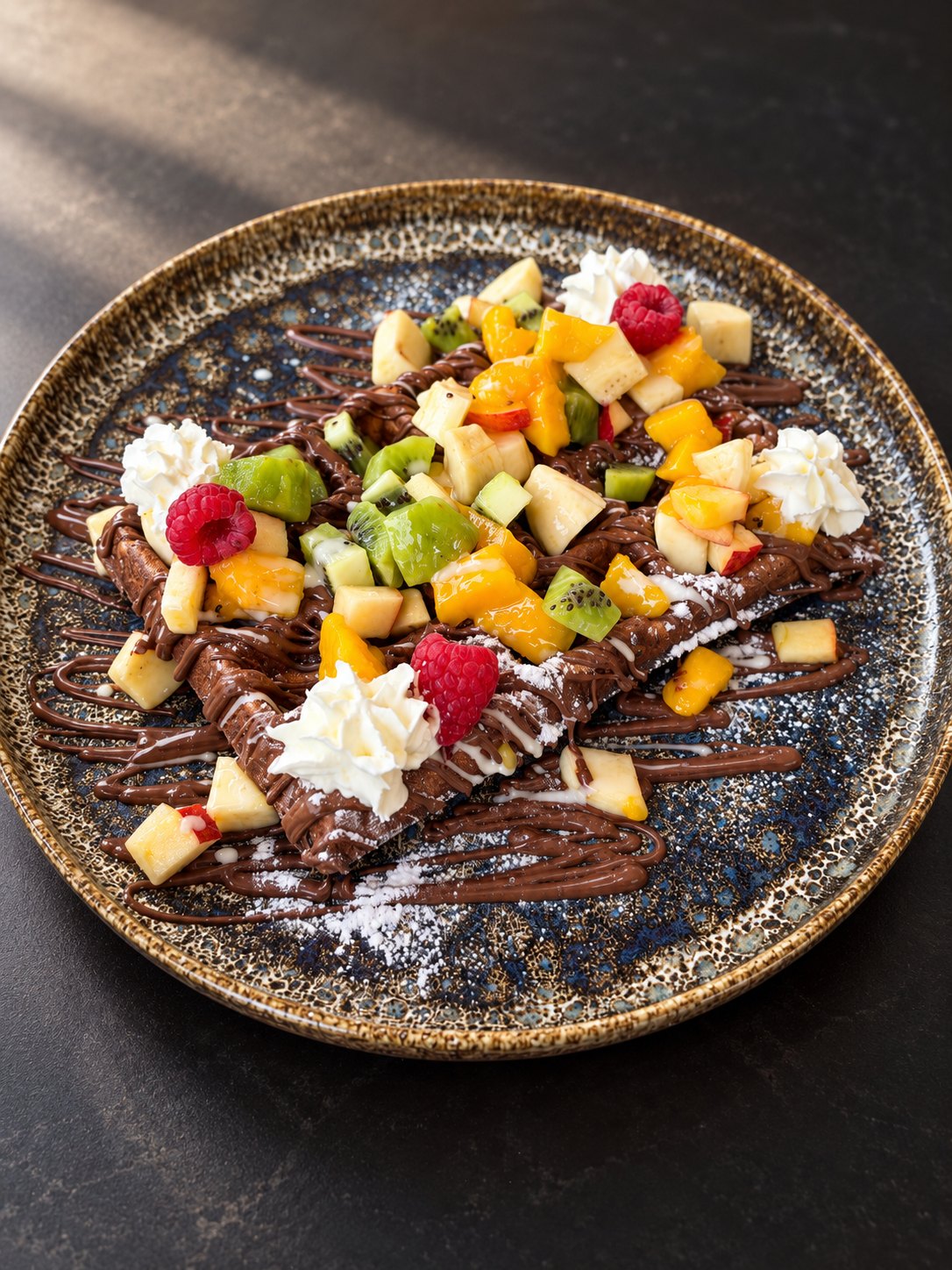 Gaufre au chocolat, fruits et chantilly