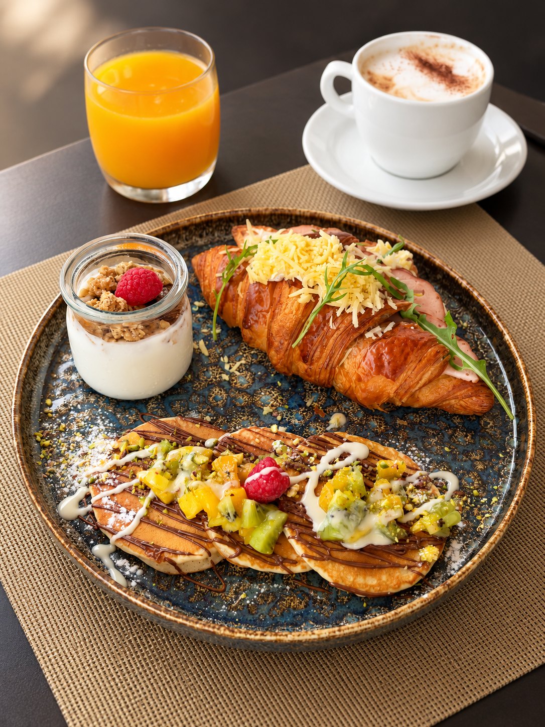 Petit-déjeuner Savory avec croissant, pancakes et granola