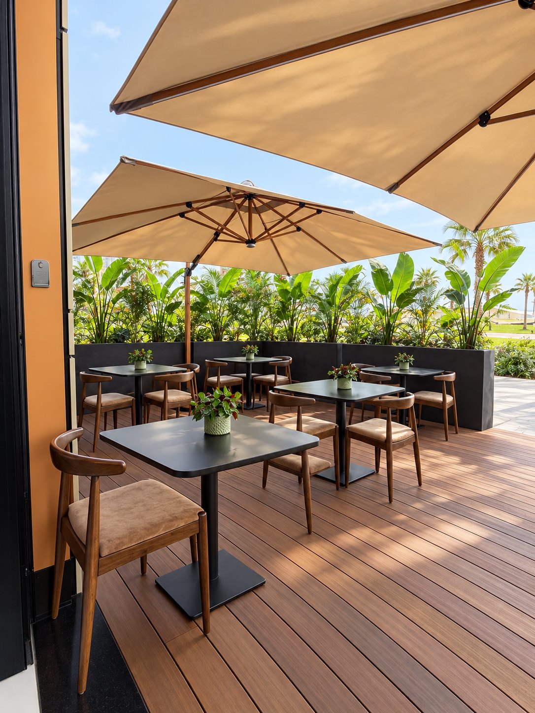 La terrasse en bois sous les parasols, vue depuis l’entrée
