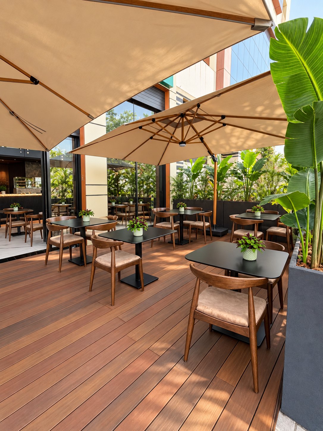 La terrasse en bois avec ses grands parasols beiges